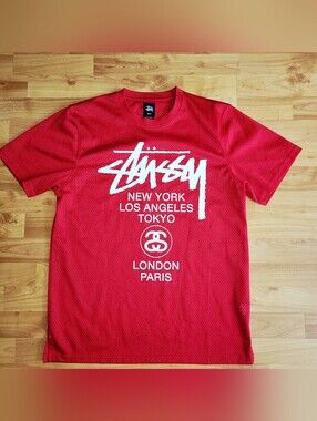 Stussy Red Mesh Jersey Tee New York Los Angeles Tokyo London Paris, Medium